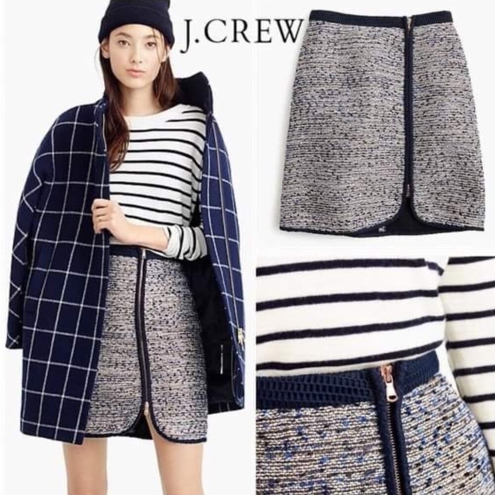 J.Crew | Navy Blue Metallic Tweed Gold Zipper‎ Skirt | Size 8 Women's